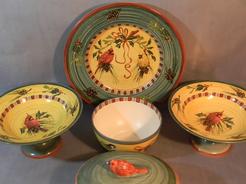 5 Lenox Winter Greetings Toleware Serving Pieces: 5 Lenox Earthenware Winter Greetings "Toleware" serving pieces, included are 17" shallow bowl or charger, 2 @ 6 1/2" x 11 3/4"d pedestal serving bowls, oval baker with cardinal-bird top lid, 6 1/2"h x
