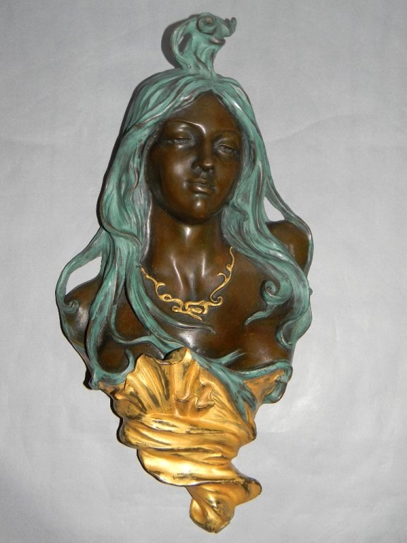 Bronze Wall Bust Art Nouveau Mucha Style: Art Nouveau Style Wall Bust in the Style of Alphonse Mucha, gilded and patinated bronze, 17l"