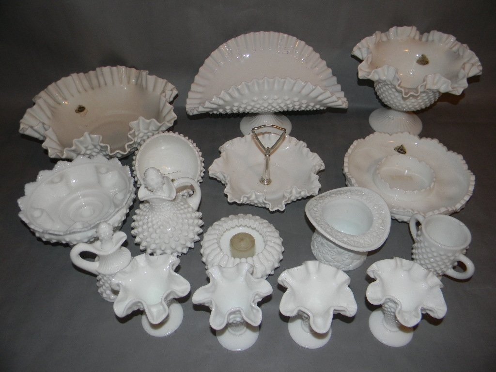 Vintage Fenton Hobnail Milk Glass Collection: Fenton Milk Glass Collection - 16 pieces. Banana Boat, 4 Pedestal Vases, Brides Bowl, Cruet, Cream and Sugar, Ashtray