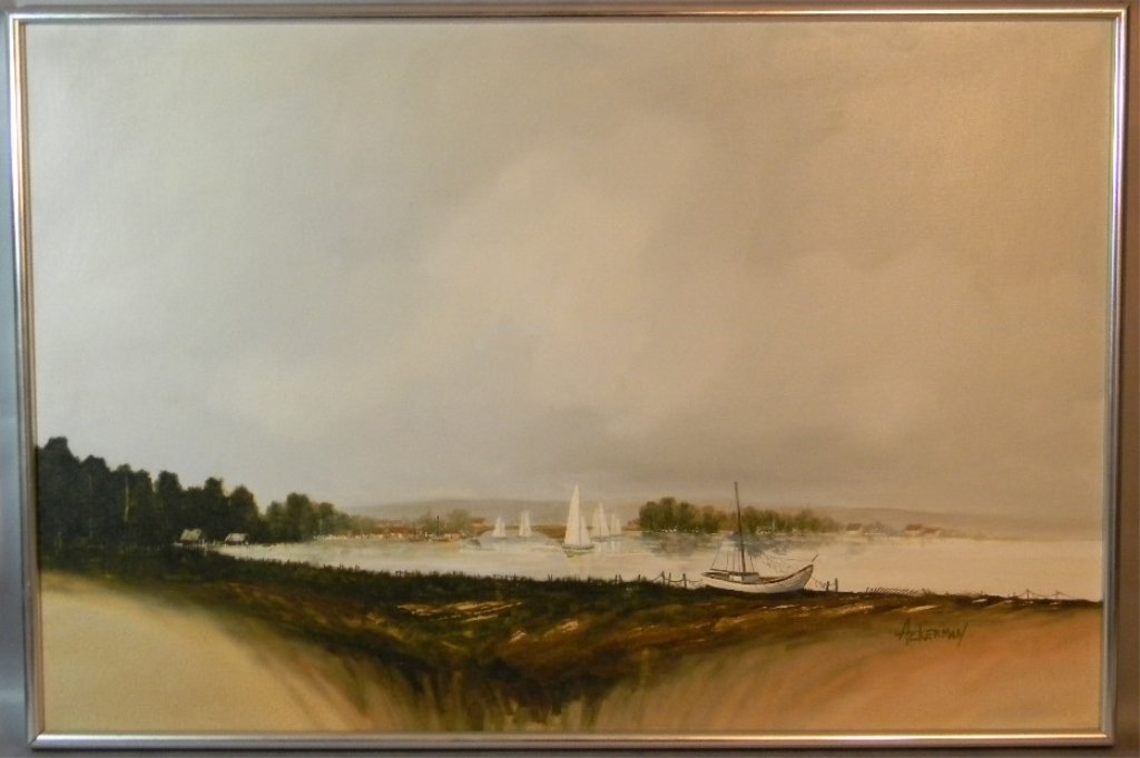 Gary Ackerman Oil on Canvas Boating Village: Gary Ackerman (b. 1947, America) oil on canvas painting, Boating Village". Signed on the face by the artist, 24h x 36" canvas. Includes 1971receipt and COA through Merrill Chase Galleries. Ackerman se