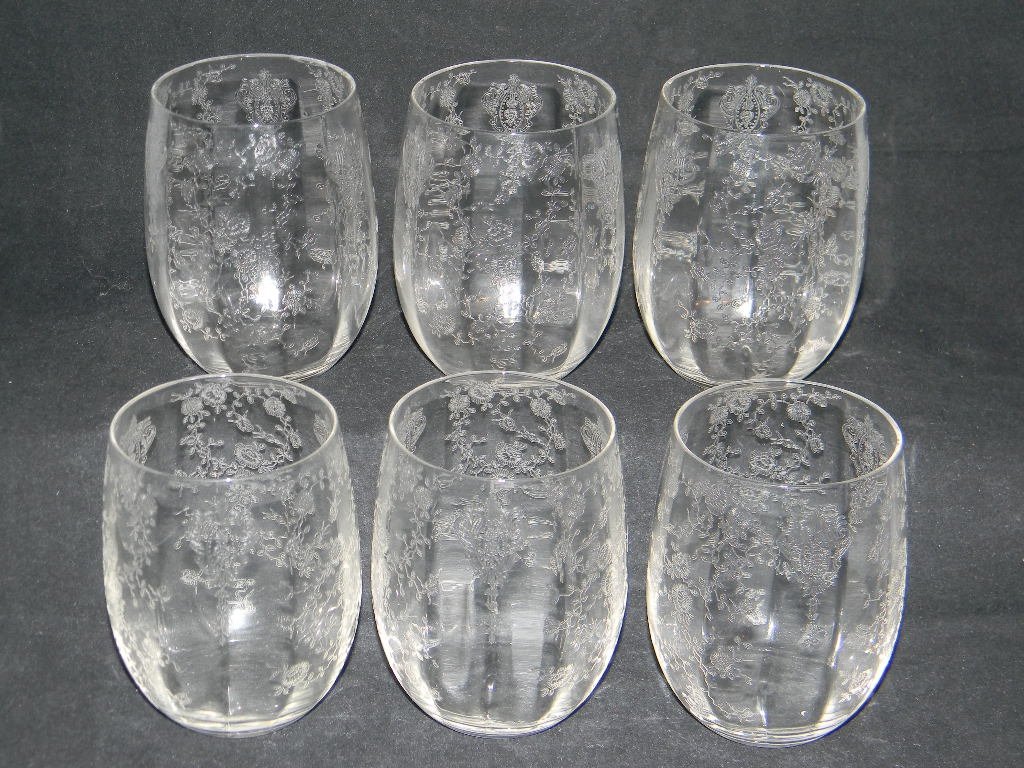 6 Cambridge Glass Rose Point Tumblers: 6 Vintage Cambridge Glass Rose Point 13oz Bellied Tumblers, 4 1/8h, 1934 - 1958."
