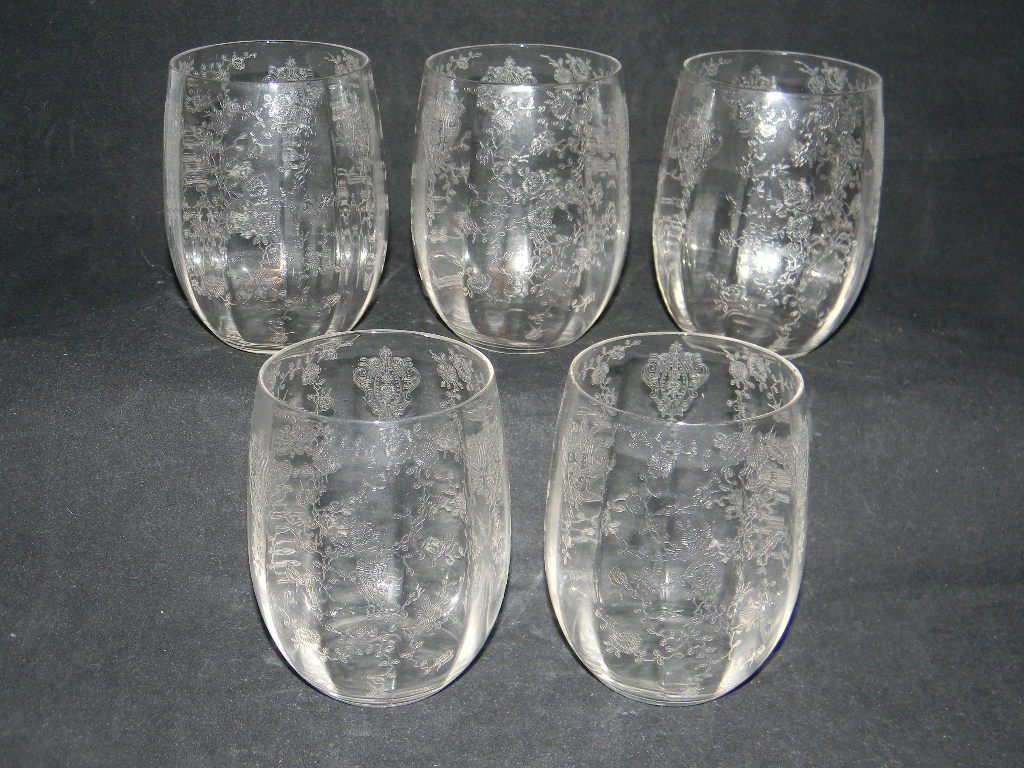 5 Cambridge Glass Rose Point Tumblers: 5 Vintage Cambridge Glass Rose Point 13oz Bellied Tumbler 4 1/8h, 1934 - 1958."