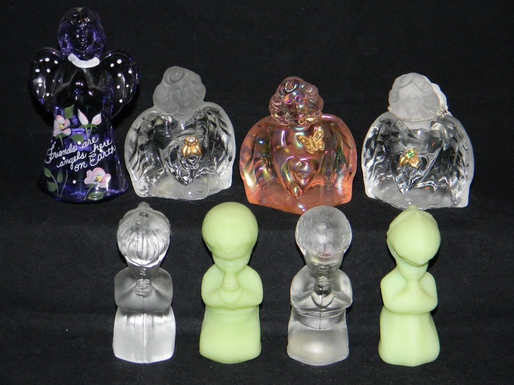 9 Fenton Glass Angels Praying Boy & Girl: 9 Fenton Glass Angels; 3 Guardian Angels, 4 Praying Boys, Praying Boy, HP & Green custard glass, 1 5 violet, hand-painted by Frederick.