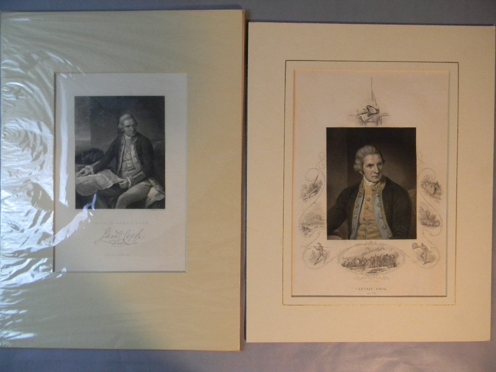 Captain Cook 19th c Lithograph & Engraving: Pair of 19th c. images of Capt. Cook (1728 - 1779, England), both after the portrait by Nathaniel Dance-Holland. Lot 1 of 2 being an engraving in colors (10 3/4h x 7"w) and lot 2 of 2 being a b/w lith