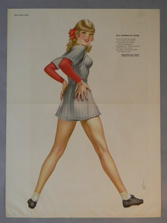 Pinups Vargas Baseball w/Marilyn Monroe Postcards: Alberto Vargas All American Babe" Vintage 1944 Esquire Lithograph depicting blonde pinup in pinstriped baseball uniform (13" x 18.5"). Together with lot trio of vintage Marilyn Monroe postcards."