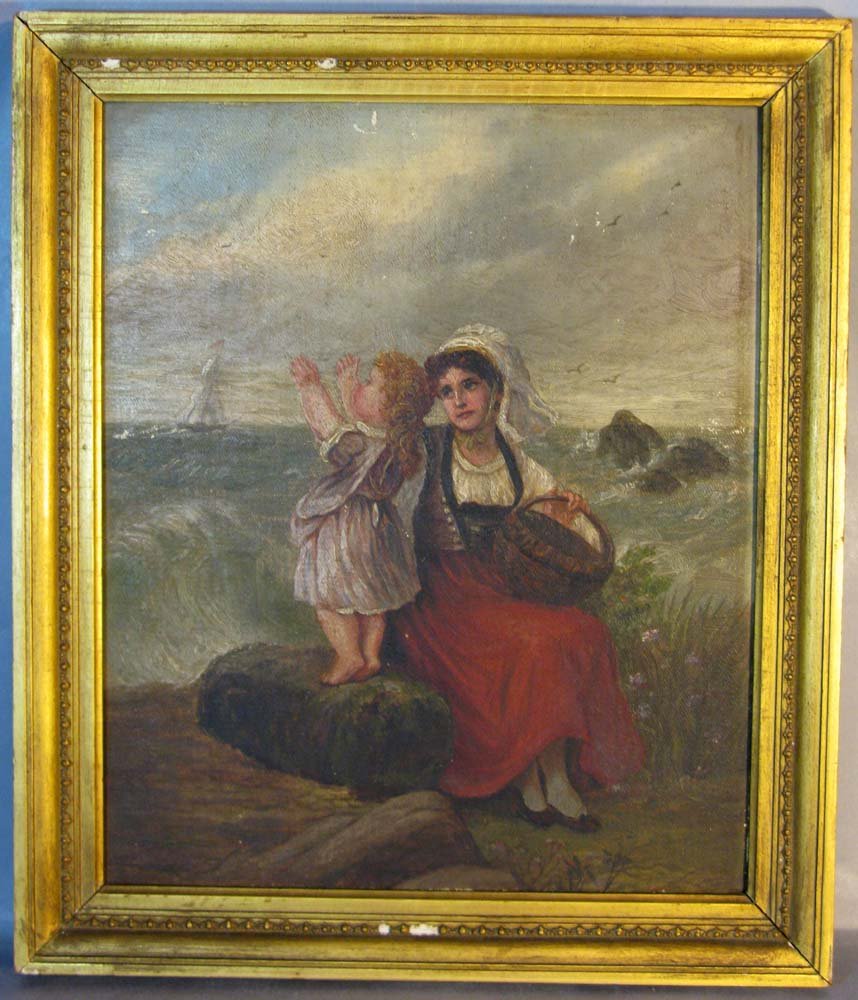 19th C Oil/Canvas Nautical Fisherwoman Painting: British 19th C Oil/Canvas mounted to board, depicting a child waving to a sail ship on the horizon while a young mother watches on. No visible signature on the 12 x 12"w canvas board housed in an esta