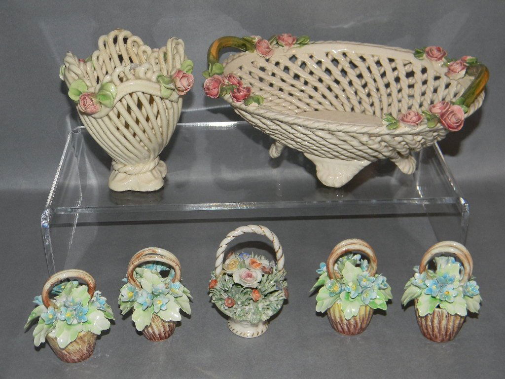 7 Capodimonte & Italy Flowers & Place Card Holders: 4 Ceramic Floral Place Card Holders, possibly Capodimonte, 2 3/4h, Floral Basket, 3 1/2", small breaks, 2 Italian ceramic basket weave pieces, double handled with applied roses basket. 2 3/8"h x 7 3/4