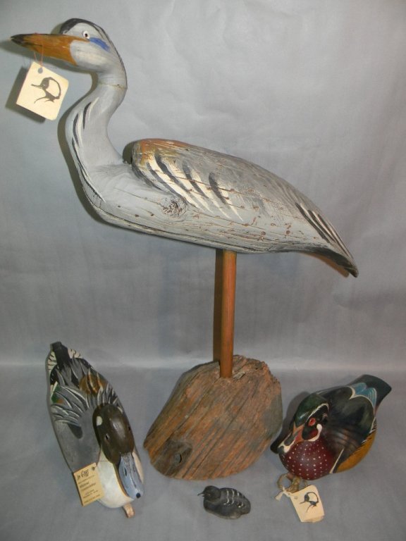 Wood Folk Art Ducks Wildfowl Decoys Jim Gibbs: From Misty Marsh Decoys". Sculpture w/ Branch & tags: 23.5" x 28.5"; Large has leather embellishments is signed by Jim Gibbs in 1985 w/ plaque, tags and branded, 16.5" x 8" / Medium is signed by Jim G