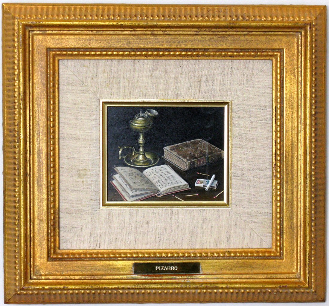 L. Pizarro Trompe L'oeil Oil on Board Study: L. Pizarro (b. 1937, Spain), Still Life Trompe L'oeil Oil on Wood Painting of Books and a Lit Cigarette. Artist info on verso. The panel measures 4.5 x 6", framed dimensions 14"h x 15"w.