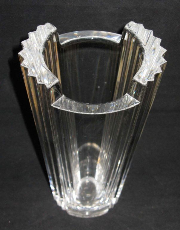 Orrefors Sweden Crystal Flower Vase: Orrefors Swedish Crystal Flower Vase with stepped mouth and serrated edges, engraved signature on base, 8 1/2h x 5"d at widest point."