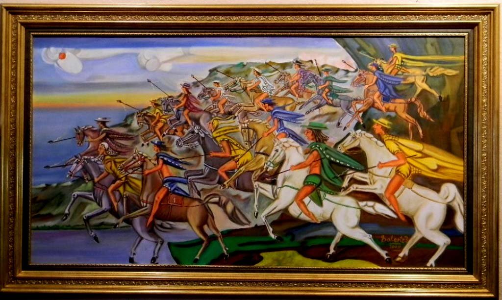 LUIS ROMO COLOMBIAN OIL RONDON & THE 14 LANCERS: Luis Antonio Solarte Romo OIL ON CANVAS TITLED, RONDON Y LOS CATORCE LANCEROS" (Rondon and the 14 Lancers" the title refers to a sculpture in Colombia erected by Colombian artist Rodrigo Arenas Betanc