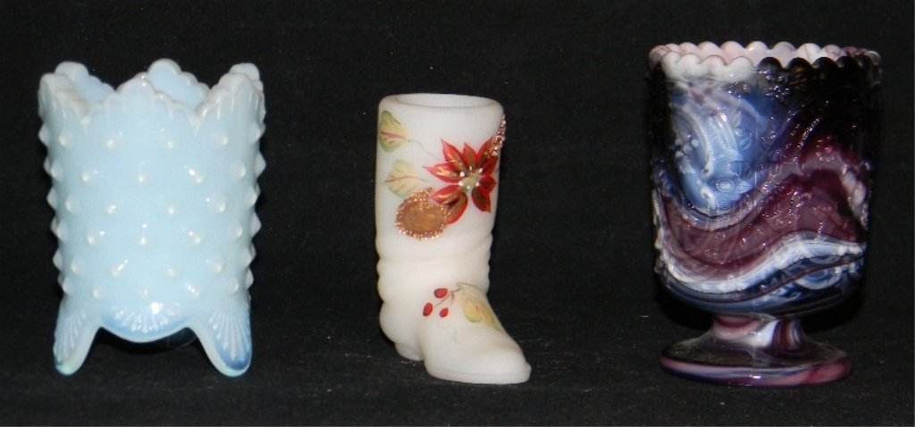 3 FENTON GLASS TOOTHPICKS HOBNAIL, SLAG, SATIN HP: 3 Fenton Toothpicks Light Blue Hobnail, Purple Swirl Slag and Satin Boot with hand-painted poinsettia by J. Powell; largest 3 1/8h