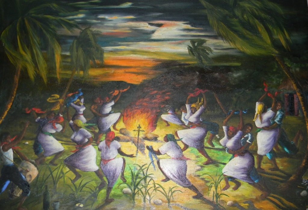 LOUVERTURE POISSON OIL CANVAS VOODOO CEREMONIE: LOUVERTURE POISSON OIL CANVAS VOODOO CEREMONIE; (1924-1984, Haiti) Voodoo Ceremonie," dated 1959, oil on canvas, 28" x 39.5", signed, dated lower right. Poisson was born in Les Cayes. He came to Port-