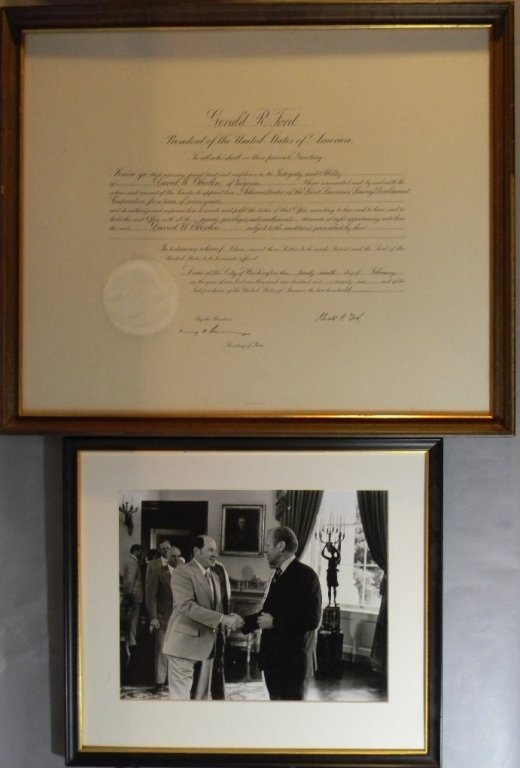 PRESIDENT FORD & KISSINGER SIGNATURE & PHOTO 1975: Signed document by President Gerald R. Ford (1913 - 2006) and Secretary of State Henry Kissinger to David W. Oberlin approving his appointment with approval by the Senate as administrator of the St. L