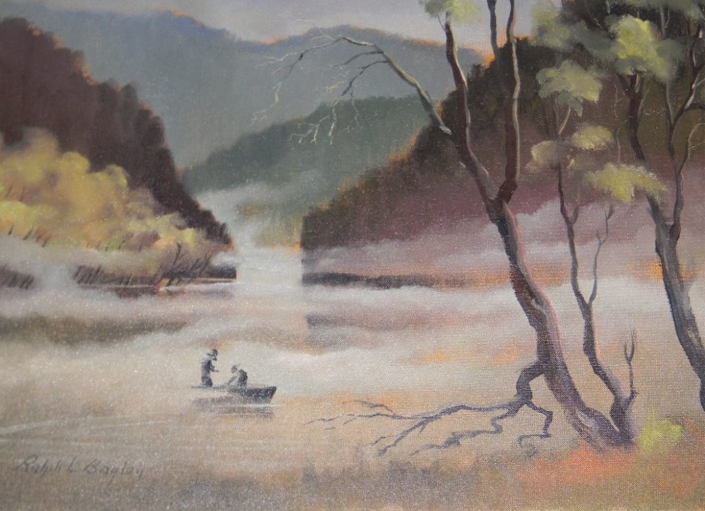 RALPH LEON BAGLEY OIL ON BOARD FISHING SCENE: RALPH LEON BAGLEY (1913); Vintage oil on board depicting fishermen on a foggy lake. 18 1/4h x 24"w, framed 23"h x 29"w.