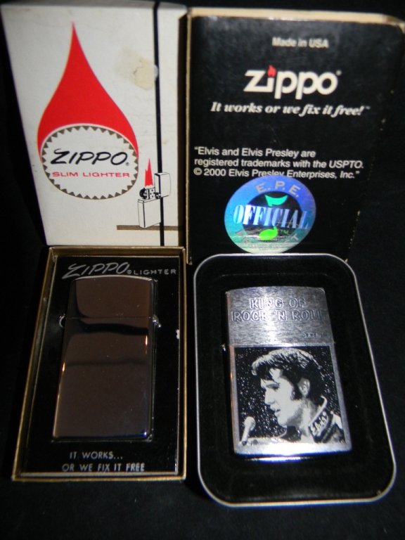 2 ZIPPO LIGHTERS IN ORIGINAL BOXES SLIM & ELVIS: 2 ZIPPO LIGHTERS IN ORIGINAL BOXES SLIM & ELVIS; in original boxes, unused condition,