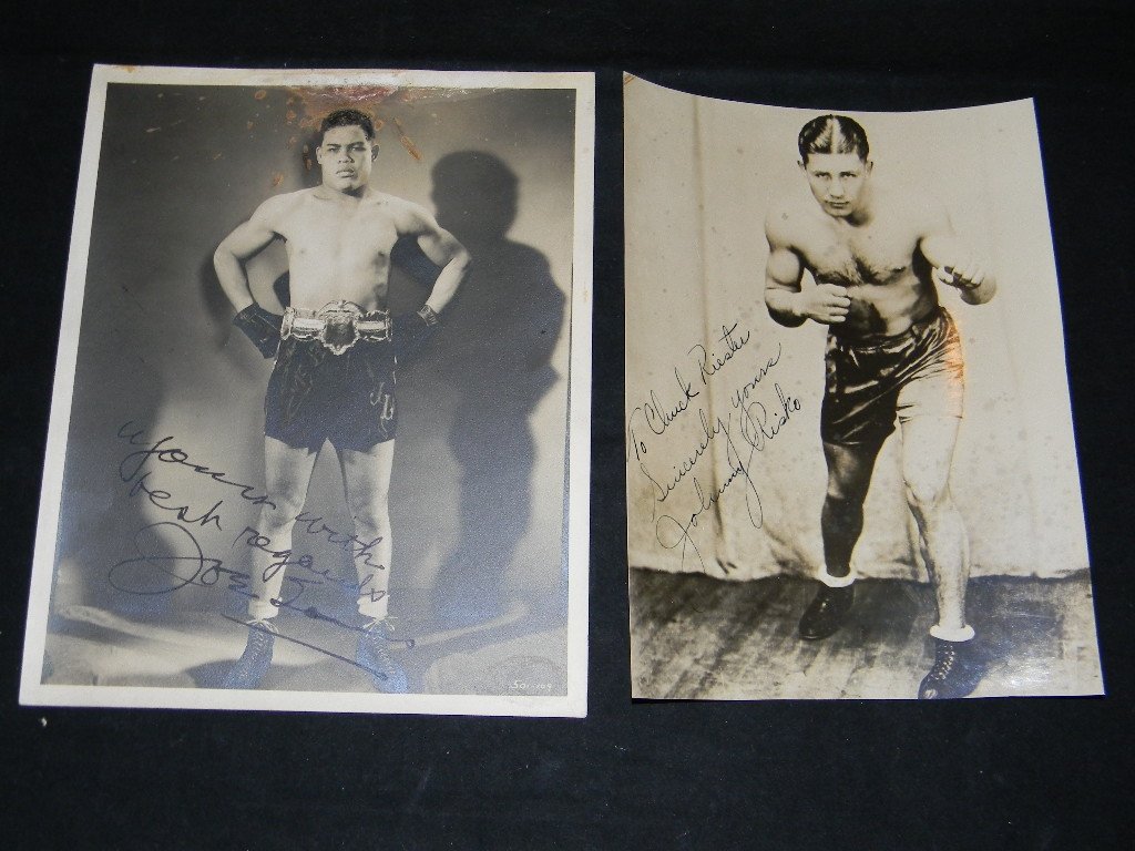 BOXERS JOE LEWIS & JOHNNY RISKO AUTOGRAPHED PHOTOS: BOXERS JOE LEWIS & JOHNNY RISKO AUTOGRAPHED PHOTOS; Lot 1 of 2: original signed photo from boxing great Joe (brown Bomber Lewis (1914 - 1981). Dedicated, "Yours with best regards Joe Lewis", Lewis is 
