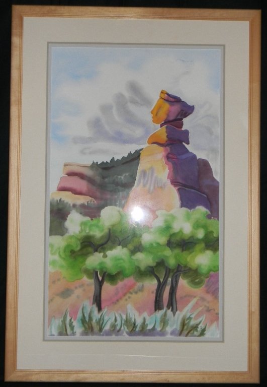 Serena Supplee Southwest Watercolor Painting: Serena Supplee (America) Watercolor on Paper, "Spring Awakening" which depicts a rock formation in the American desert area between Utah and Colorado. The artist sells her watercolor paintings of this