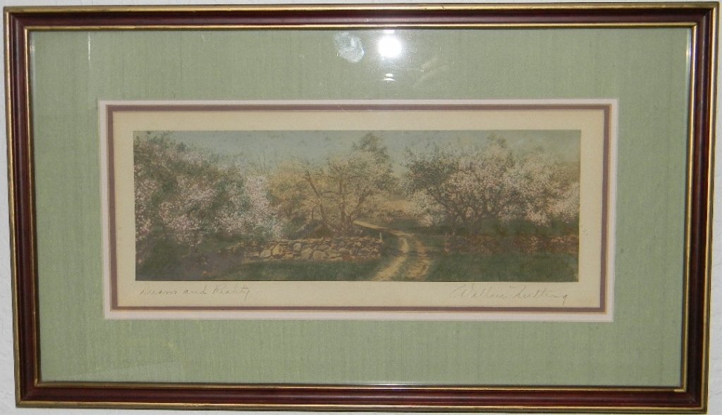 WALLACE NUTTING DREAM AND REALITY COLORED PHOTO: WALLACE NUTTING DREAM AND REALITY COLORED PHOTO: C. 1915 - 1925, hand-colored photo. Pastoral landscape scene with farm path, stone wall and blossoms, signed and titled in the margins and under a trip