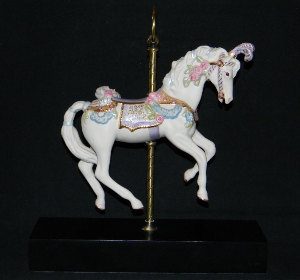 CYBIS PORCELAIN CAROUSEL HORSE SUGARPLUM PONY: CYBIS PORCELAIN CAROUSEL HORSE SUGARPLUM PONY; Cybis porcelain carousel pony, "Sugarplum", with stand. Bottom is marked #145 and signed. Released in 1981and at that time was priced at $975; 13" H Incl
