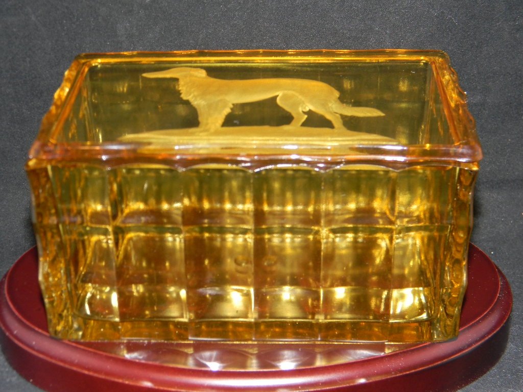 CZECH BOHEMIAN GLASS BOX BORZOI OR WOLFHOUND: CZECH BOHEMIAN GLASS BOX BORZOI OR WOLFHOUND: Yellow glass box with wasted cube pattern on sides and lid with deeply etched intaglio image of a Borzoi or Russian Wolfhound; c. 1925; Base etched with "