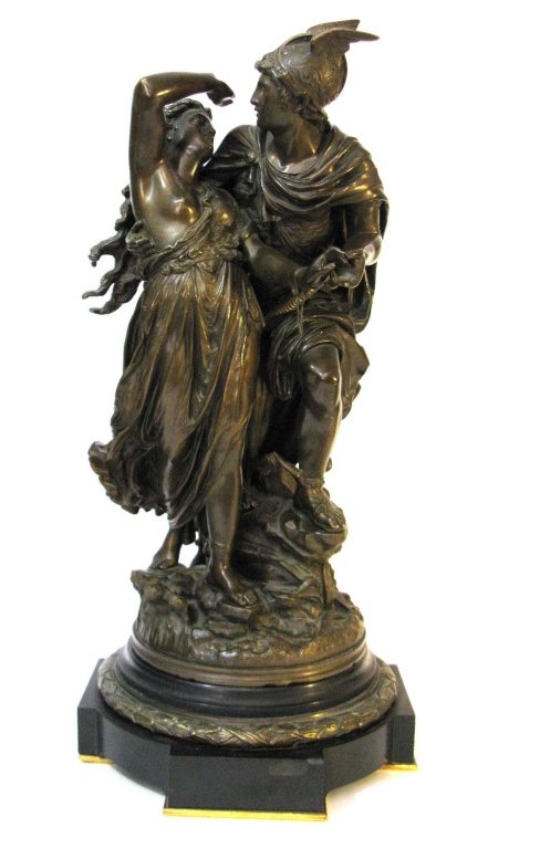 JEAN LOUIS GREGOIRE BRONZE PERSEUS AND ANDROMEDA: JEAN LOUIS GREGOIRE BRONZE - PERSEUS AND ANDROMEDA: Jean Louis Gregoire (1840 - 1890, France); 19th c. figural group modeled by Jean-Louis Gregoire depicting Perseus rescuing Andromeda from the sea mo
