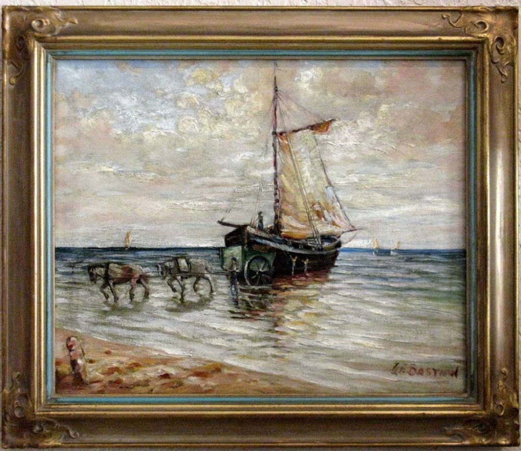 GLENN BASTIAN 1941 MARITIME OIL ON CANVAS PAINTING: BASTIAN 1941 MARITIME OIL ON CANVAS PAINTING: Glenn Franklin Bastian (1890 - 1966, America); "Low Tide" depicting two horses bringing a sail boat to shore, signed by the artist L.R.; signed dated and