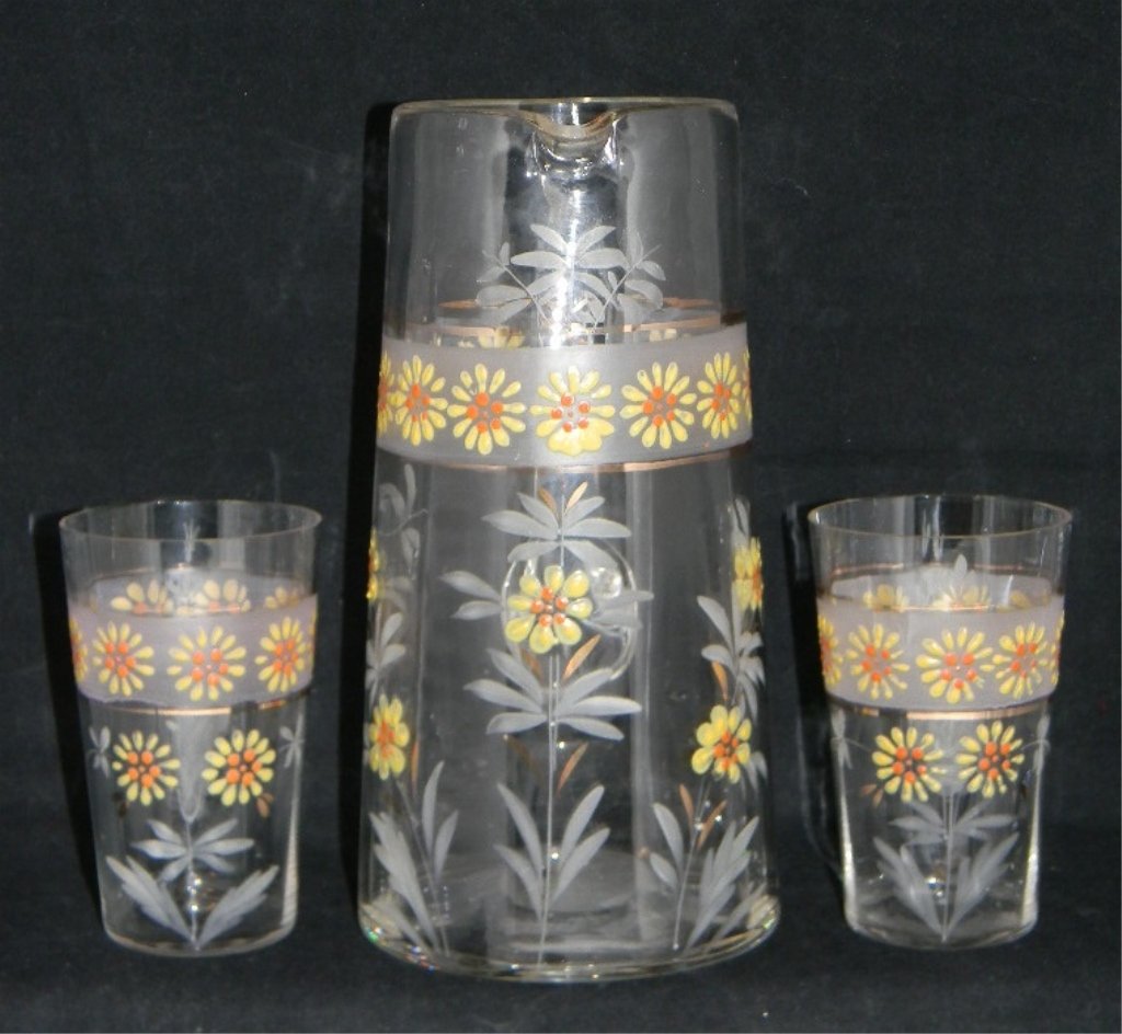 VICTORIAN GLASS ENAMELED LEMONADE PITCHER GLASSES: VICTORIAN GLASS ENAMELED LEMONADE PITCHER & GLASSES: Hand blown ten sided pitcher and two glasses (pitcher with ground pontil); hand-painted in enamels with floral sprays and borders, pitcher with gil