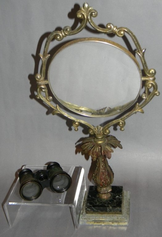 LEMAIRE FABT, PARIS OPERA GLASSES w/ VTG MIRROR: LEMAIRE FABT, PARIS OPERA GLASSES w/ VTG MIRROR: Lot 1 od 2: Pair of "Lemaire Fabt of Parisâ€ Opera glassed, with Bee hallmark. 2 of 2, vintage metal frame dresser mirror by Dilly Mfg.; 17 1/2"h