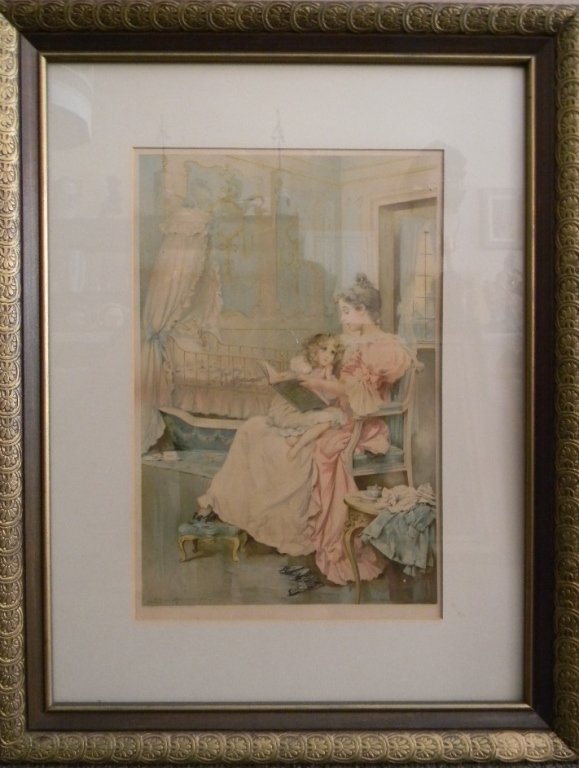 1897 LEON MORAN LITHOGRAPH FAIRY TALES: 1897 LEON MORAN LITHOGRAPH "FAIRY TALES": Depicting mother and child reading a book of Fairy Tales. Copyright 1897 N.K. Fairbank Company, Chicago, St. Louis, Gray Company, NY; Framed dimensions 27 1/2