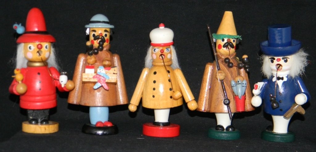 5 GERMAN WOOD SMOKERS: Fisher, Toy Maker: 5 GERMAN WOOD SMOKERS: Fisherman, Toy Maker, Man with a Bird and a Hand Gun; Man in a Red Suit, Man with a White Hat; Largest, 5 3/4" H and Smallest 4 3/4" H.