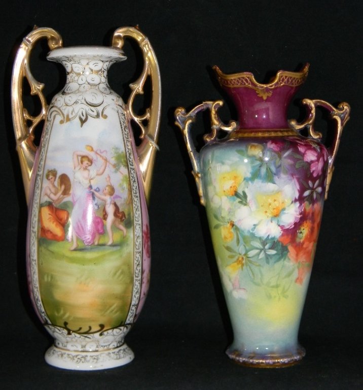 2: ROYAL BONN & MEISSEN STYLE PORCELAIN VASES: LOT OF 2 PORCELAIN VASES: Lot 1 of 2 Double-Handled, Hand-Painted ROYAL BONN vase, 9" H. Lot 2 of 2 MEISSEN STYLE Porcelain vase with transfer scenes of dancing maidens after Angelica Kauffmann painti