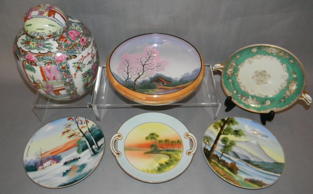VINTAGE NIPPON NORATAKE BOWL & HAND-PAINTED 6 PCS: VINTAGE NIPPON NORATAKE BOWL & HAND-PAINTED: Early c. 1920's marked Noritake luster bowl with hand painted scene and raised decoration on cherry trees, (9" D); Double handled "Morimura" Nippon dish wi