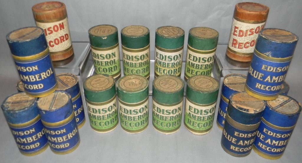 20 EDISON ORIGINAL AMBEROL PHONOGRAPH CYLINDERS: 20 EDISON ORIGINAL AMBEROL PHONOGRAPH CYLINDERS, 10 BLUE AMBEROL: In original cases with lids 1.) 1798, Oakland Chorus: Where River Shannon Flows 2.) 2046, Knickerbocker Quartet: The Old Oaken Bucket 