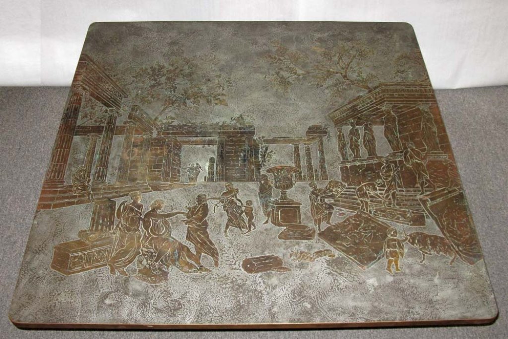 PHILIP KELVIN LAVERNE SQUARE ODYSSEY TABLE: PHILIP and KELVIN LAVERNE SQUARE ODYSSEY TABLE: Odyssey coffee table; Acid-etched and patinated bronze, pewter, enamel all depicting a Classical Greek scene of musicians, scholars and building facades