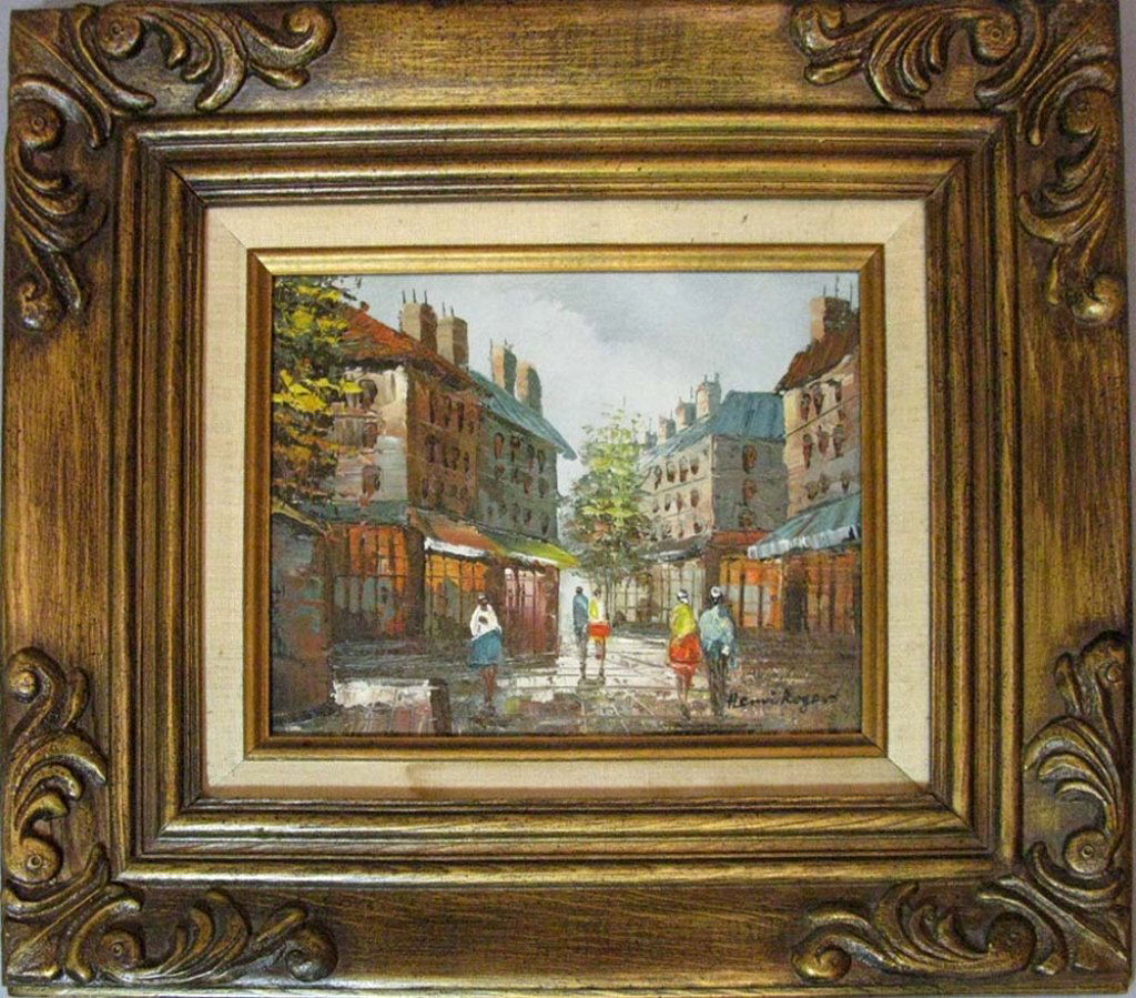 OIL ON WOOD CITYSCAPE PAINTING HENRI ROGERS: OIL ON WOOD CITYSCAPE PAINTING HENRI ROGERS: Board: 8" h x 10" w, framed: 16.5" h x 18.5" w.