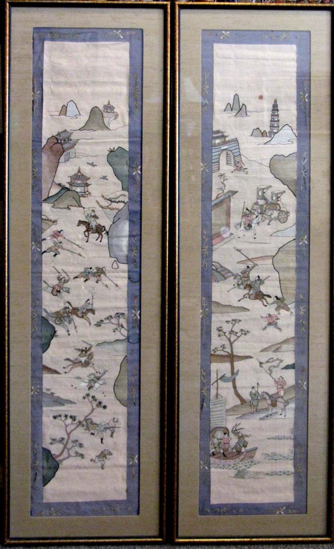 PAIR CHINESE SILK TAPESTRY K'O-SSU PANELS QING DYNASTY: PAIR OF CHINESE SILK TAPESTRY K'O-SSU PANELS: Finely worked in silk and gold thread with warriors on horseback and in boats, verso states that both are scene from the Civil wars post the Han Dynasty. 