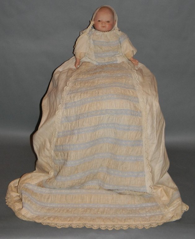 BYE-LO GERMAN GRACE PUTNAM BISQUE DOLL: BYE-LO GERMAN GRACE PUTNAM BISQUE DOLL: Bisque Head with Molded Hair, Glass Eyes, Cloth Body, head stamped, "Grace S. Putnam, Made in Germany," 13" h.