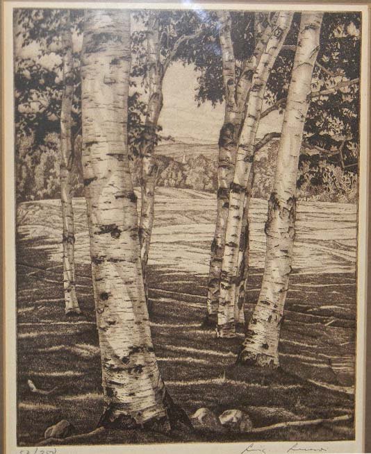 LUIGI LUCIONI ETCHING OF BIRCH TREES: LUIGI LUCIONI ETCHING OF BIRCH TREES: Luigi Lucioni (1900 - 1988, Italy); Titled: "Birches and Beyond," 1974, Signed on face and numbered 52 of 250; Framed: 19" h x 16.75" w (48.26 cm x 42.54 cm).