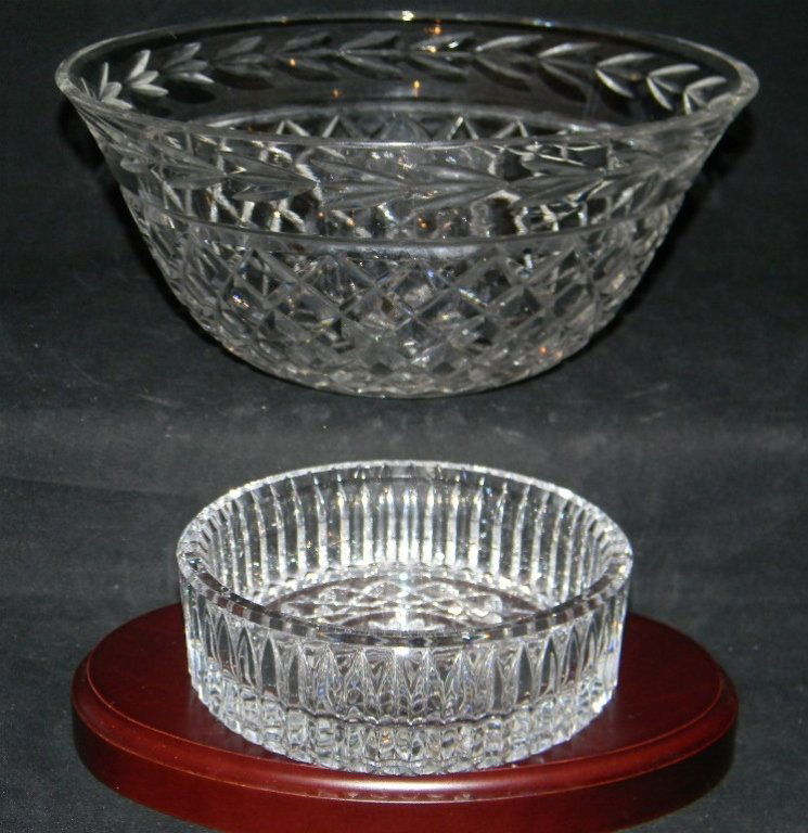 WATERFORD CRYSTAL BOWL & WINE COASTER: WATERFORD CRYSTAL BOWL & WINE COASTER: Both with acid etched signature on base. Bowl: 4" h x 9" d. Wine Bottle Coaster: 1.5" h x 4.875 d.