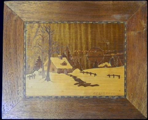 LE GREVE VINTAGE WOOD MARQUETRY PANEL: Vintage Wood Marquetry Panel by Reginald L. LeGreve. This is an extremely well made wood marquetry panel depicting a cabin an a wintry snow setting. This piece has been creating by cutting and assembl