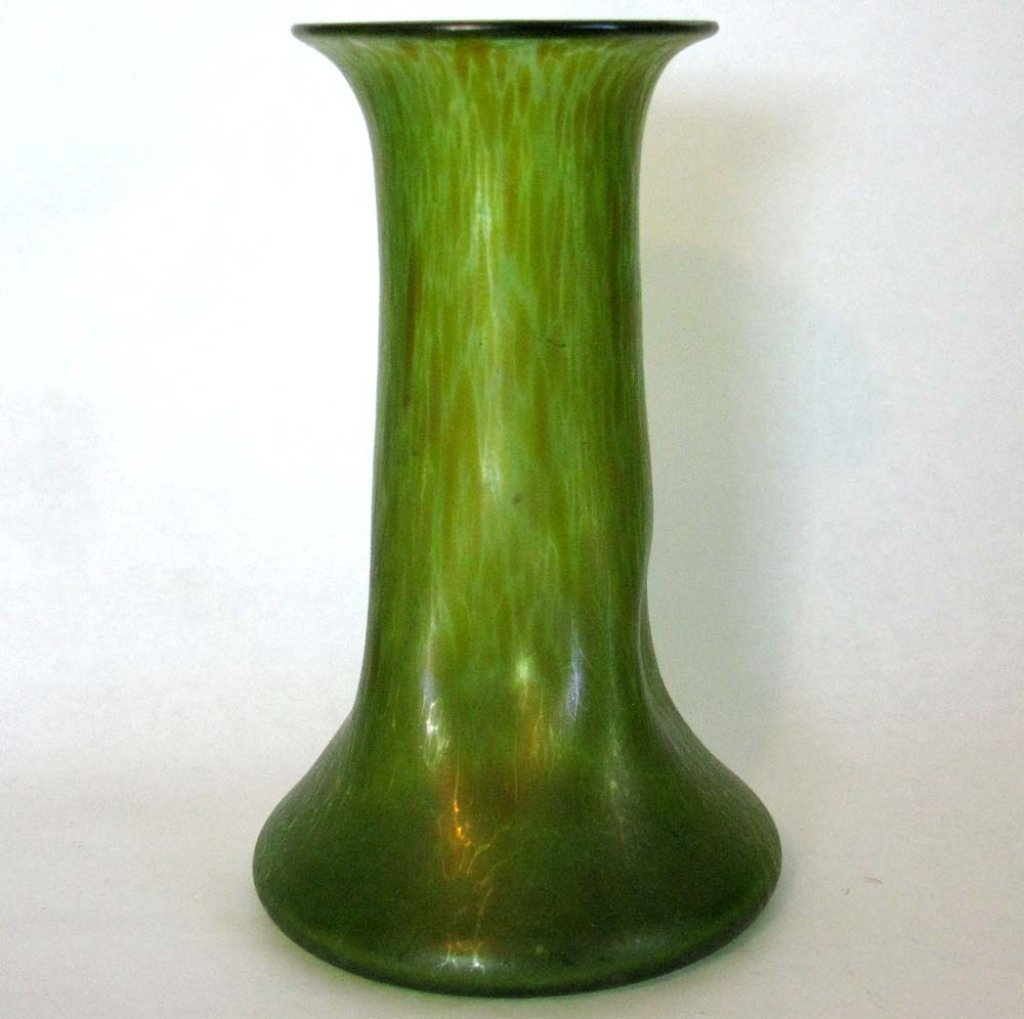 LOETZ BOHEMIAN CISELE ART GLASS VASE: Loetz art glass vase with a wide bottom, four thumbprint depressions around the body and an open mouth in the Cisele finish, polished pontil, no visible signature, 9"h (22.86cm). (12/94)