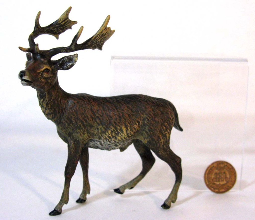 AUSTRIAN COLD PAINTED BRONZE STAG: An magnificent Austrian cold painted bronze figure of a standing stag, Well modeled and with original paint, 3.75"h x 3.25"l. PROVENANCE: 2nd generation collection from a noted television writer and h