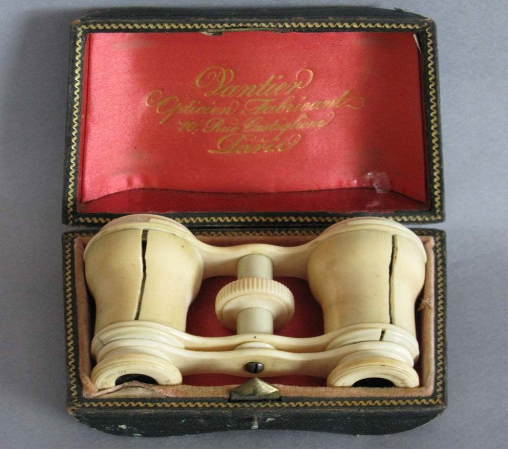 ANTIQUE FRENCH IVORY OPERA GLASSES & CASE: A pair of French opera glassed comprised of ivory, maker's marks engraved on the eyepieces as well as on the fitted case. Case and glasses with maker's marks, case embossed: Vantier Opticien Fabricant