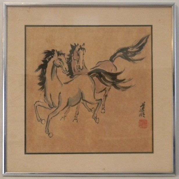 DOMINIC TOMING CHENG RUNNING HORSES PAINTING: Dominic Tomeng Cheng (20th century, China, America), Brush painting of two running horses on laid paper. Character signed on face, Page size: 11.75"h x 11.75"w; Framed: 16"h x 16"w.