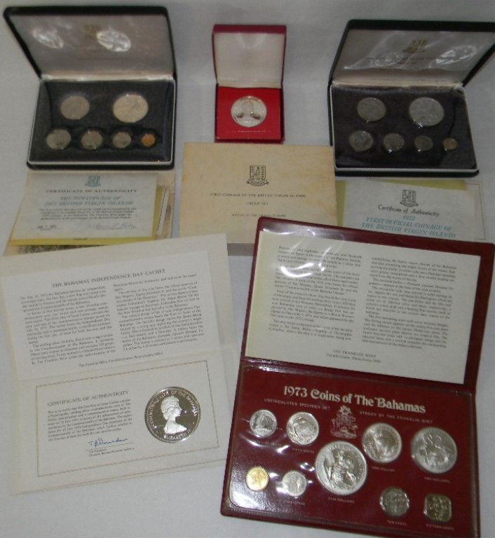 STERLING COINS: BAHAMAS, VIRGIN IS & FRANKLIN MINT: Coin Collection of Virgin Islands and Bahamas, to include: 1.) Franklin Mint: 1973 Uncirculated Coins of the Bahamas, $5, $2, $1, .50 cents, .25 cents, .15 cents, .10 cents, .05 cents, .01 cent. In a