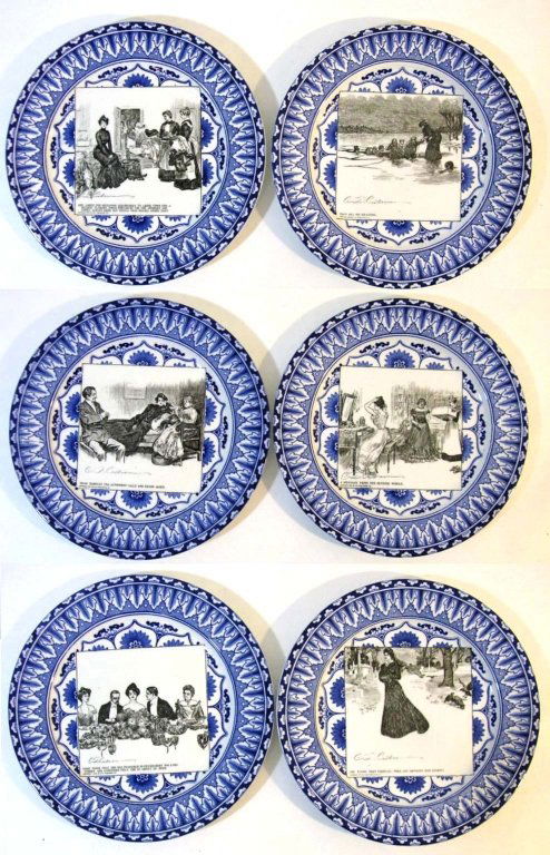 SIX ROYAL DOULTON CERAMIC GIBSON GIRL PLATES: Set of 6 Royal Doulton display plated from the series after Charles Diana Gibson's illustrations titled, "A Widow and Her Friends", each plate 10"d and released in 1901. 1.) They all go Skating. 2.) M