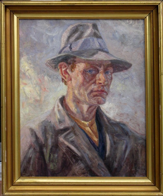AXEL BENTZEN DANISH OIL CANVAS SELF PORTRAIT: Axel Bentzen (1893 - 1952, Denmark), Impasto oil on canvas self-portrait of the artist looking intently at the viewer, or the mirror which he was using to compose the image, Signed upper right corner,