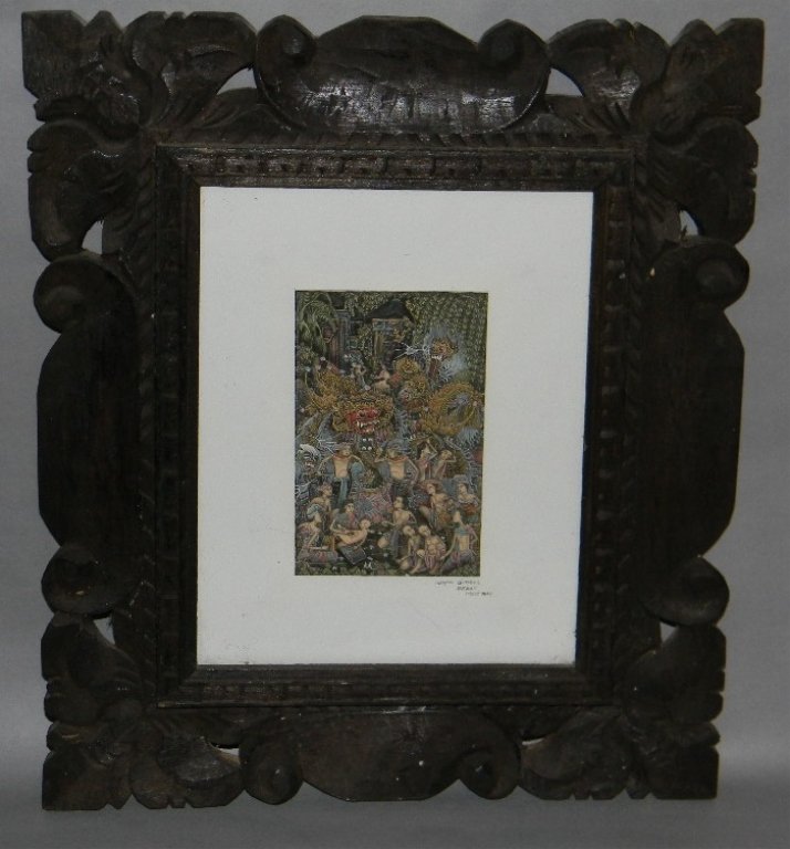 WAYAN GIMBEL BALINESE SCHOOL MINIATURE PAINTING: Wayan Gimbel, Bali, tightly painted scene of Balinese women and men surrounded by gods, housed in the original carved wood frame, last half of the 20th century, sight size, 5.25"h x 3.375"w, Framed: 1