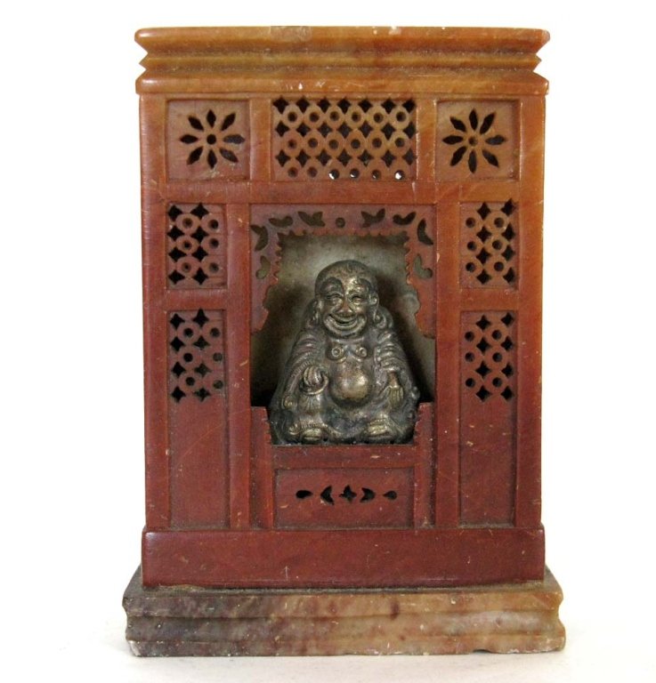 CHINESE SOAPSTONE & METAL TRAVELING SHRINE: Antique carved soapstone shrine with the image a smiling Buddha in a cove. Etched on base "L. V. Brophy 11/28 90", 3.875"h x 2.75"w (9.84cm x 6.98cm). PROVENANCE: From an established collection create